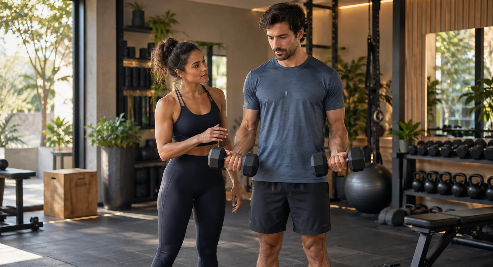 Personal trainer acompanhando um aluno em um estúdio de treino.